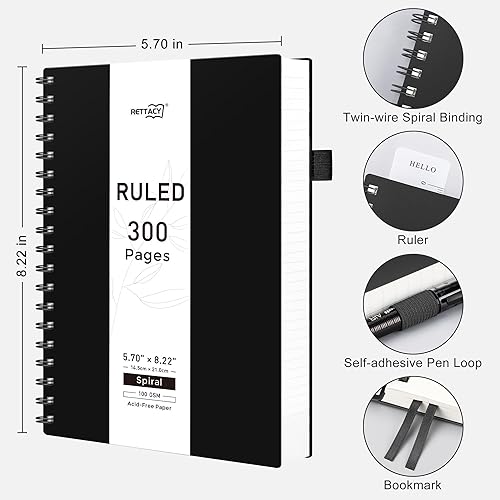 Miniatura 2 de RETTACY Cuaderno de espiral de 300 páginas, cuaderno de espiral pequeño A5 con 5.7 x 8.22 pulgadas, papel rayado universitario de alta calidad de