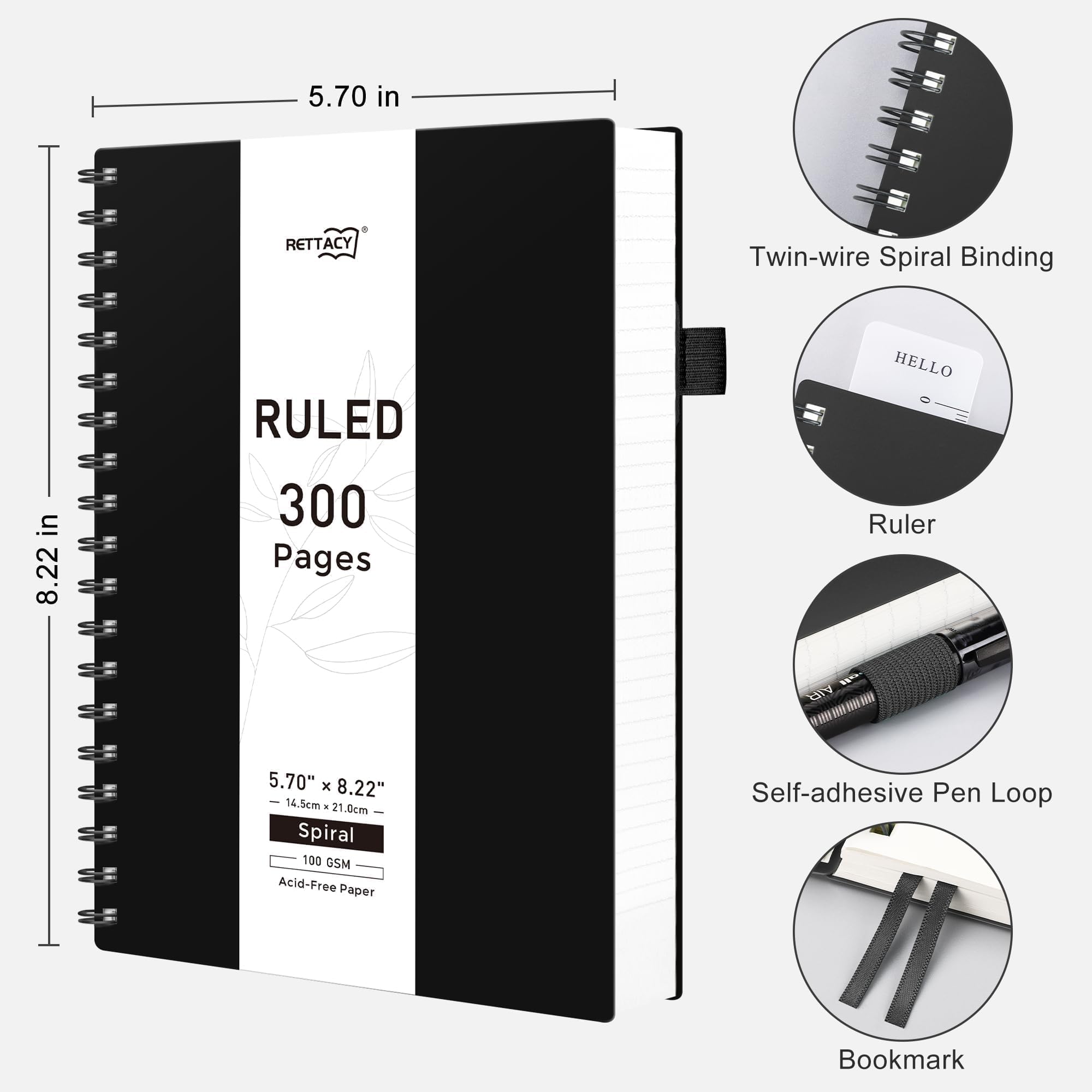 RETTACY Spiral College-Notizbuch, liniert, 300 Seiten, A5, mittlere Größe (14,5 x 20,8 cm), für Schule, Arbeit, Schreiben, Journaling, 100 g/m² dickes Papier, flexibler Kunststoffeinband (schwarz)