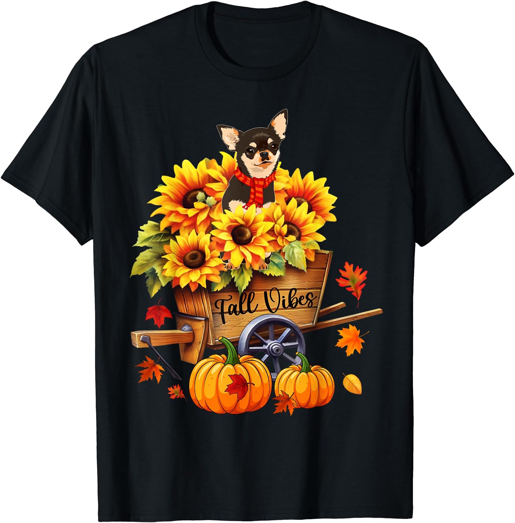 Abab Chihuahua Dog Lovers Owners Thanksgiving DayFall Vibes Chihuahua Dog Wheelbarrow Sunflowers Thanksgiving T-Shirt