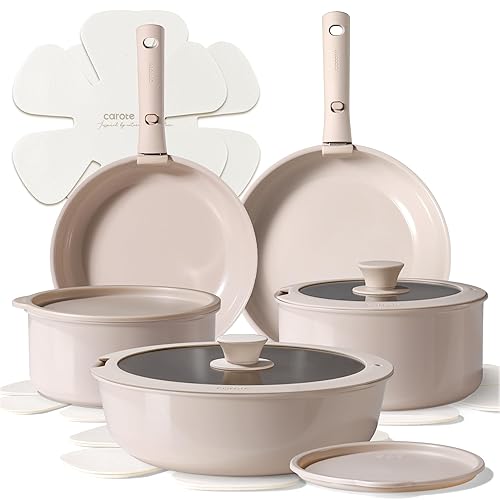 CAROTE Ceramic Cookware Sets, Pots and Pans Set Non Stick Non Toxic, Induction Cookware, Kitchen Cookware Sets, Pots Set for Healthy Coooking 15PCS, Taupe