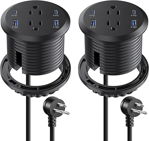 Vista 19 de Ojal de alimentación empotrado con salidas de CA, puerto USB-C de carga rápida de 20 W - Montaje empotrado para escritorio, toma de escritorio Negro