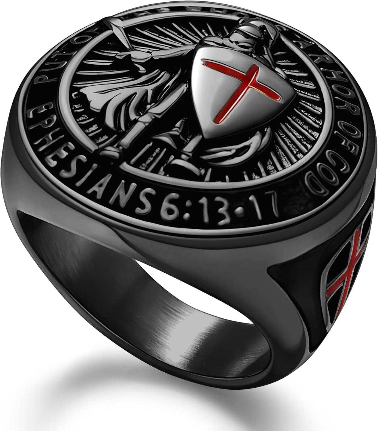 Christian Ring Knights Templar Put On The Whole Armor Of God Ephesians 6:13-17 Red Cross Design Men's Religious Catholic Ring,Biker Punk Cocktail Party 316L Stainless Steel Rings For Men Gift