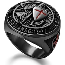 Christian Ring Knights Templar Put On The Whole Armor Of God Ephesians 613-17 Red Cross Design Mens Religious Catholic Ring,Biker Punk Cocktail Party 316L Stainless Steel Rings For Men Gift