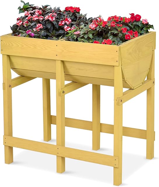 COSTWAY Raised Garden Bed, 2 Individual Compartment Elevated Wooden Planter with Black Liner, Vegetables Flower Herb Boxes for Backyard, Patio, Balcony