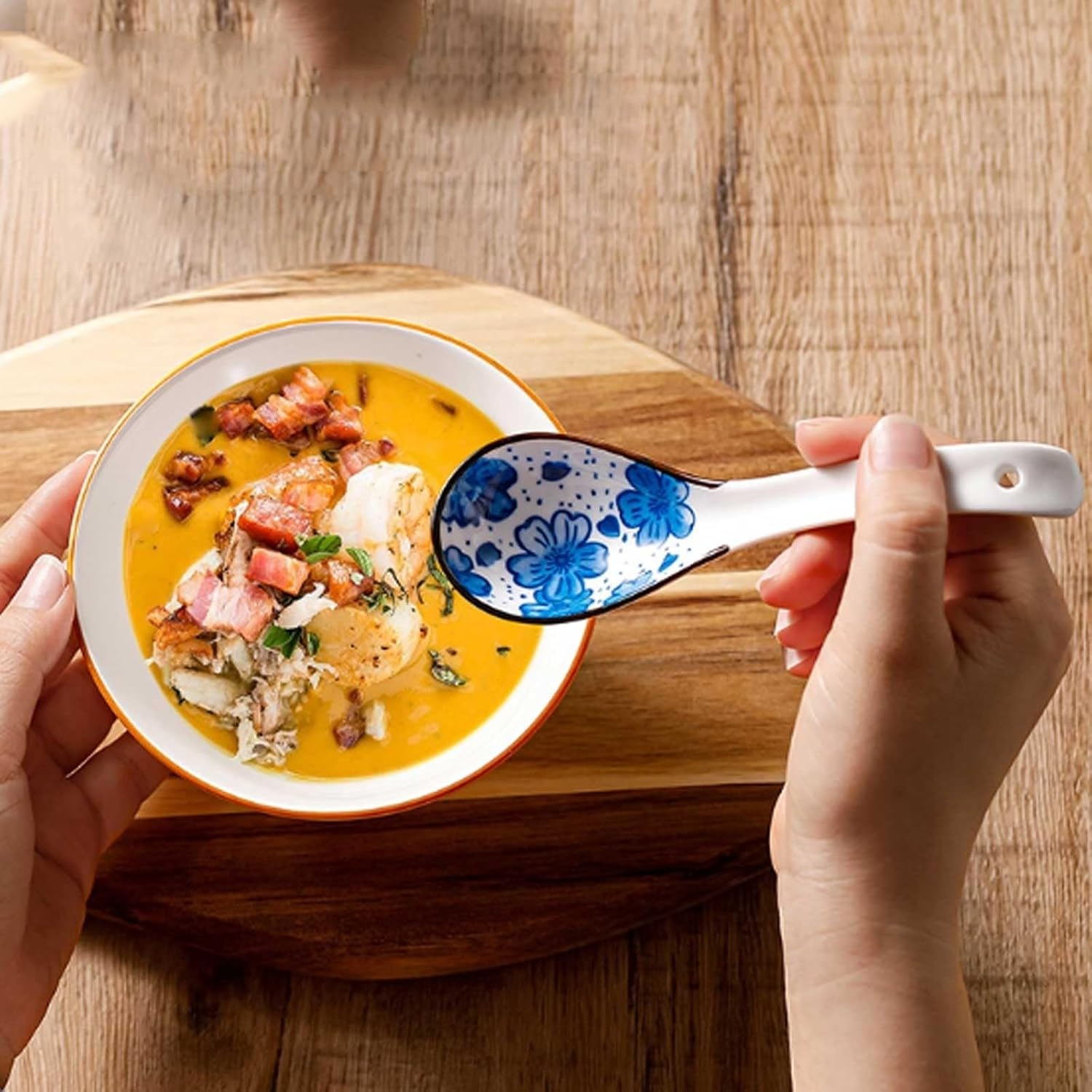Soup Spoon Ceramic Spoons Set of 4 Asian Ladle Porcelain Japanese Ice Cream Scoop(J)