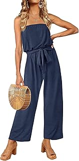 ZESICA Women's Casual Off Shoulder Solid Color Strapless Belted Wide Leg Jumpsuit Romper