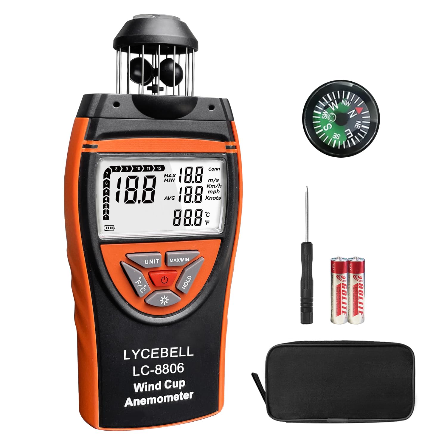 8806 Anémomètre Portable Professionnel – Capteur de Vent 360° 0,7-42 m/s, Mesure Précise de Vitesse Vent et Température | avec Boussole, Rétroéclairage | pour Industriel, Drones, HVAC