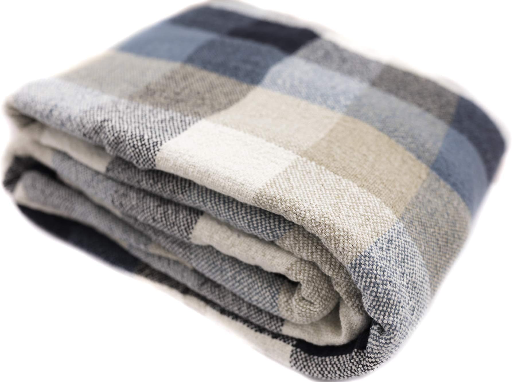100% Linen Throw Blanket, 87 x 83 Inches, Blue/Grey Plaid
