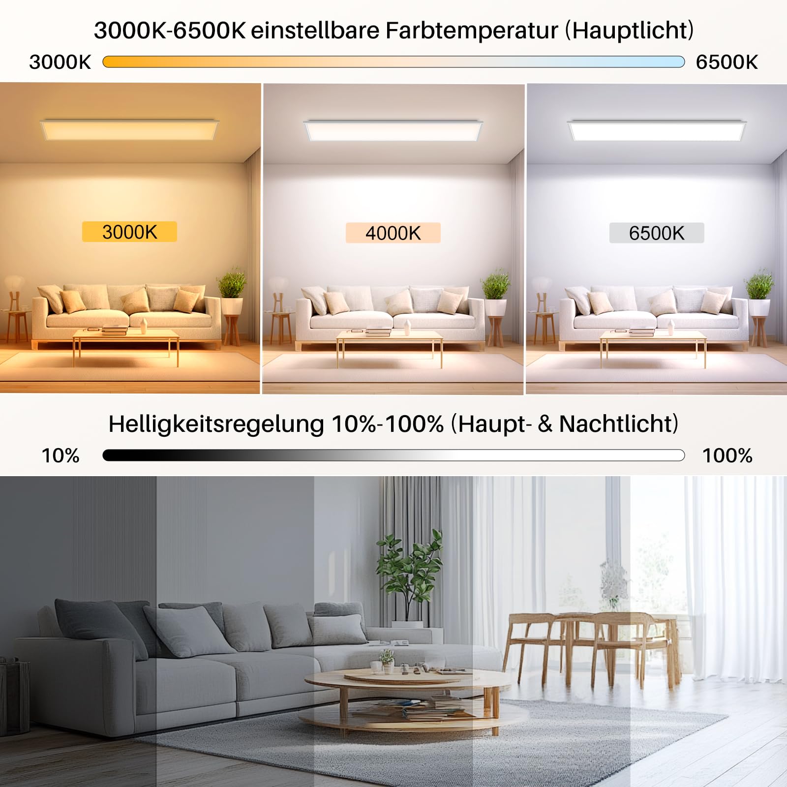 LED Deckenleuchte Dimmbar - LED Panel 120x30cm, 44W 4400LM Deckenlampe mit Fernbedienung 3000K-6500K - Nachtlicht Warm - Deckenleuchte Flach für Schlafzimmer Kinderzimmer Wohnzimme Küchenlampe