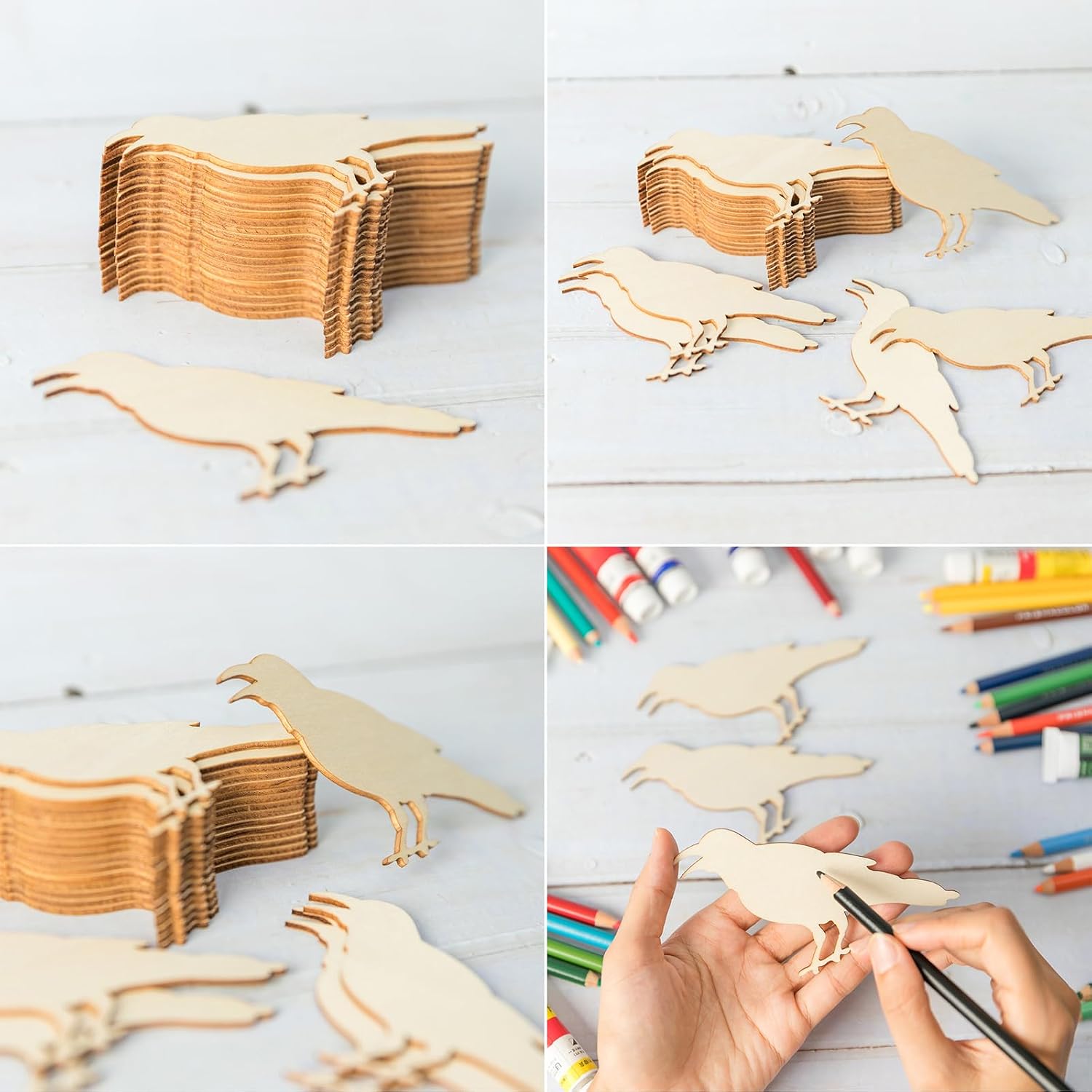 Unfinished Crow Wood Crow Shaped DIY Wood Halloween Blank Wood Art Unfinished Ornaments for Halloween Christmas Wedding Birthday Party Thanksgiving Day Decoration 20Pcs
