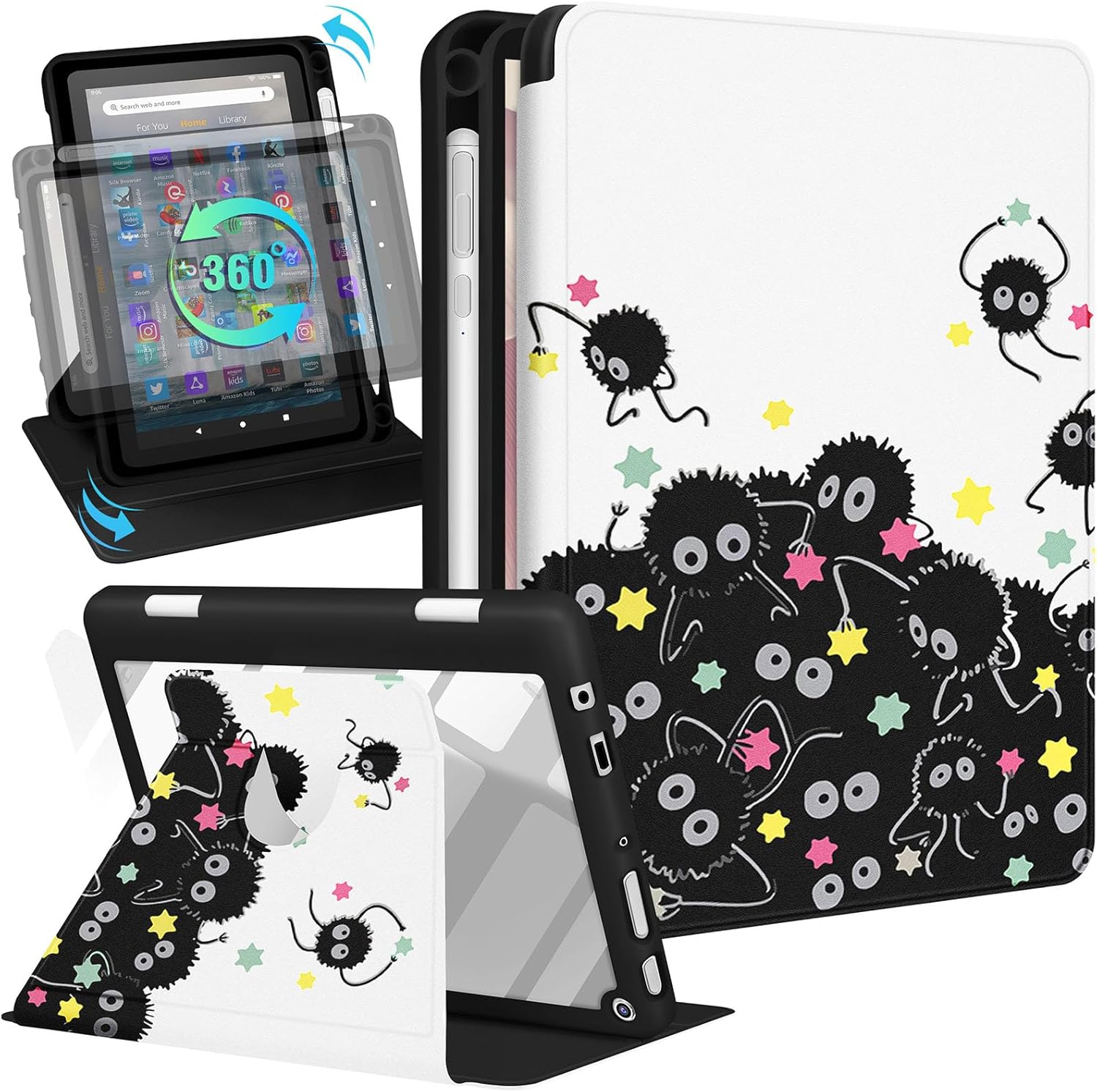 Kidcube for Kindle Fire HD 8/8 Plus Tablet Case - 10th/12th Generation (2020/2022) 8" Women Girls Cute Folio Cover with Pencil Holder Girly Strawberry Rotating Stand Cases for Amazon Fire HD 8/8 Plus