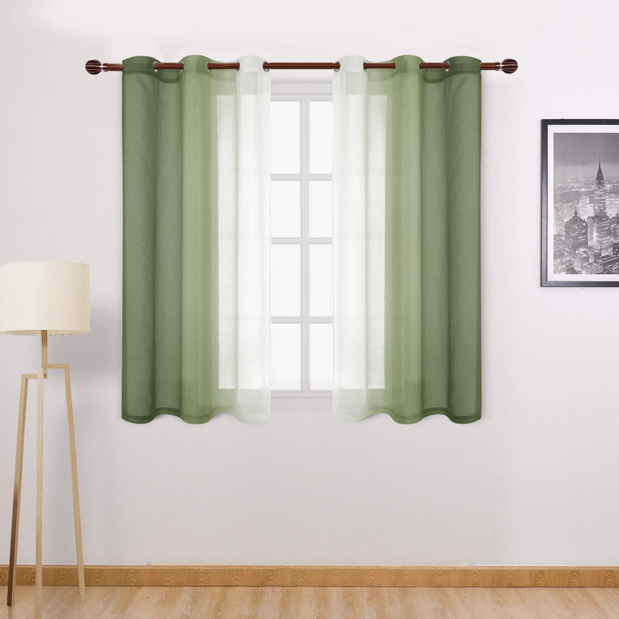DWCN Ombre Short Sheer Curtains - Faux Linen Semi Voile Gradient Light-Filtering Bedroom and Living Room Curtains, Set of 2 Grommet Top Window Drape Panels, 42 x 45 Inch Length, Light Olive Green โ image 1