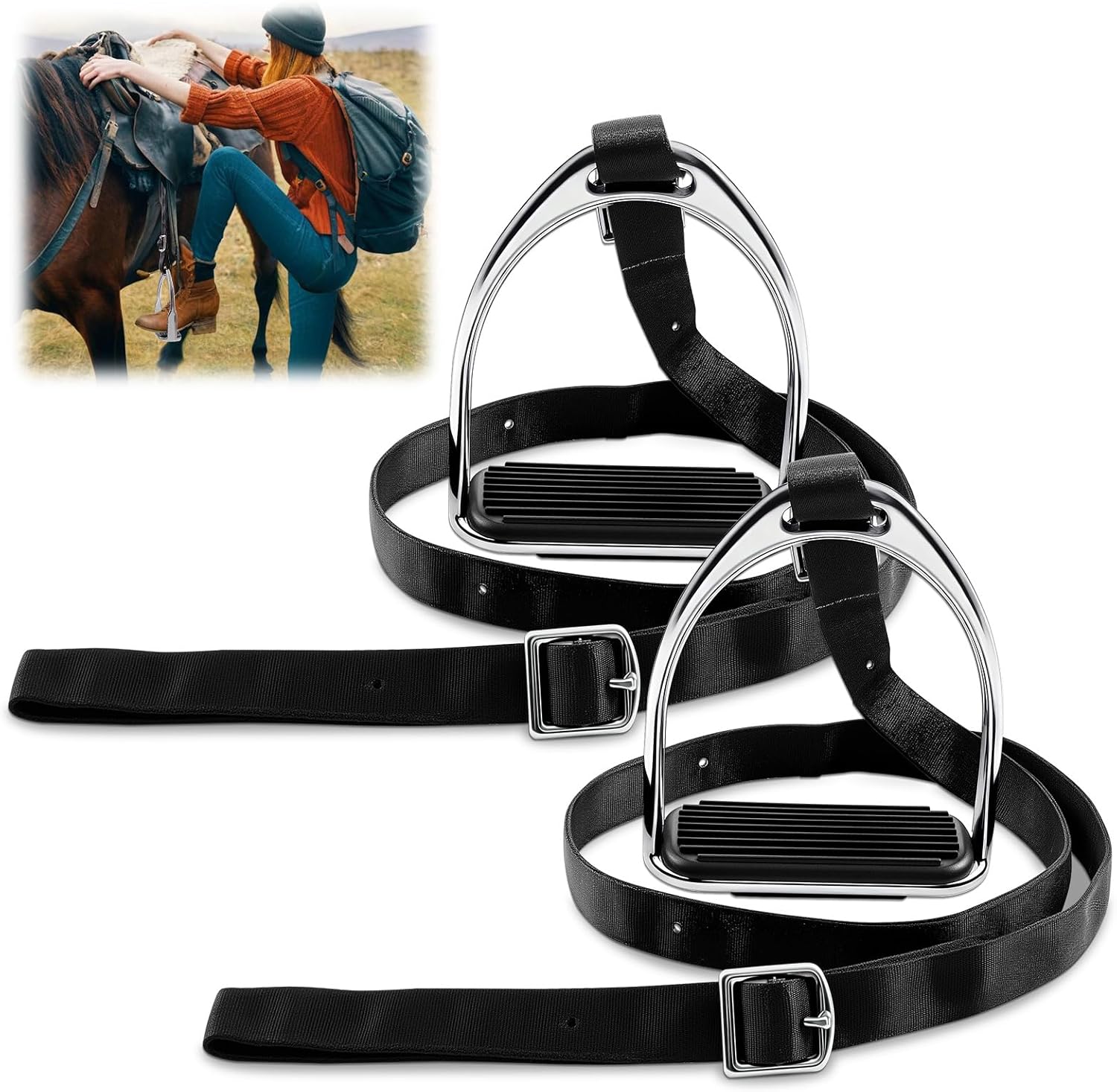 Adjustable Stirrup Mounting Aid for Horse Riding (37"-50") Equestrian Step up Stirrup for Western English Saddle Nylon Strap Non-Slip Rubber Pad Portable Horse Tack No Mounting Block
