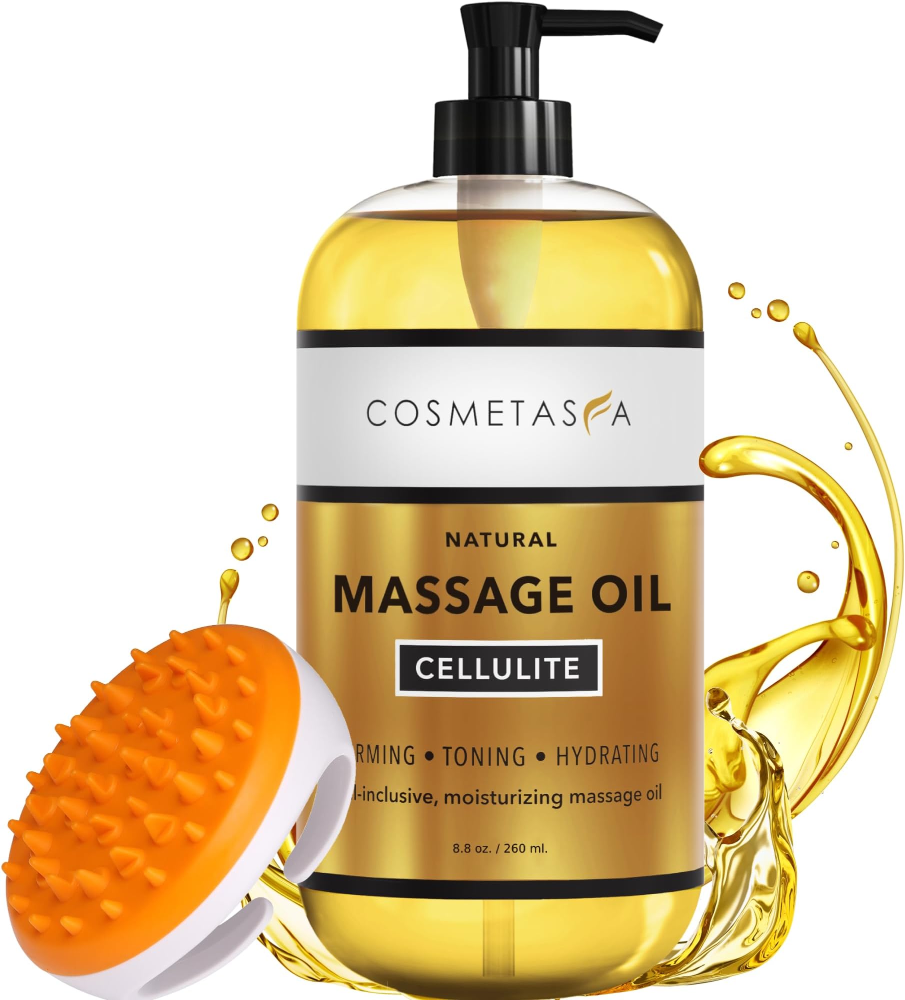 Cosmetasa Cellulite Massage Oil with Massager Mitt - 100% Natural Cellulite Oil, Highly Absorbable and Deeply Penetrates Skin- Firms, Tones, Tightens & Moisturizes Skin (8.8 oz)