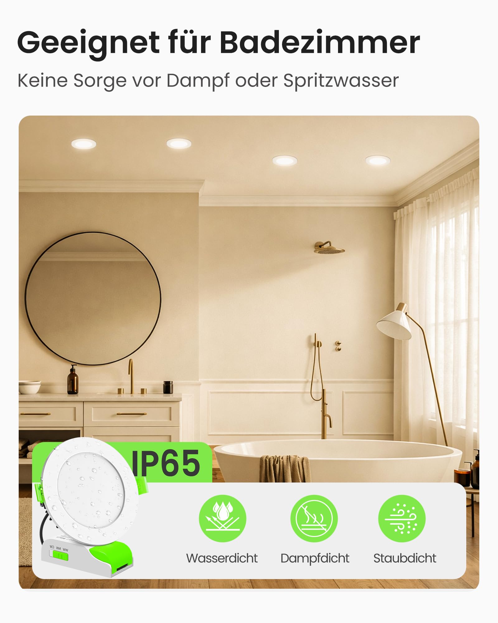 ALUSSO 3CCT LED Einbaustrahler 230V Dimmbar 8W IP65 Loch 70-80MM 6er Set | Warmweiß Neutralweiß Kaltweiß Spots Deckenleuchte Deckenspots Einbauleuchten Einbauspots für Badezimmer Küche, Weiss