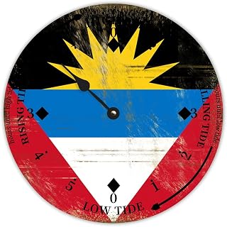 National Vintage Beach Time Tide Clock - Antigua and Barbuda Flag Tidal Clock Moon Clock Silent Non-Ticking Battery Operated Wooden Wall Clock for Cottage Beach Boat Living Room Home Decor 12"