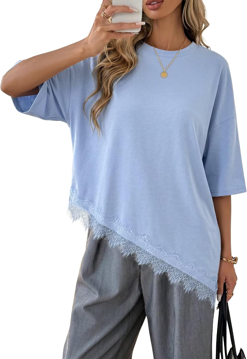 Falechay Womens Summer Tops Crewneck 3/4 Length Sleeve Shirts Lace Asymmetrical Trendy Blouses Dressy Casual Flowy Clothes