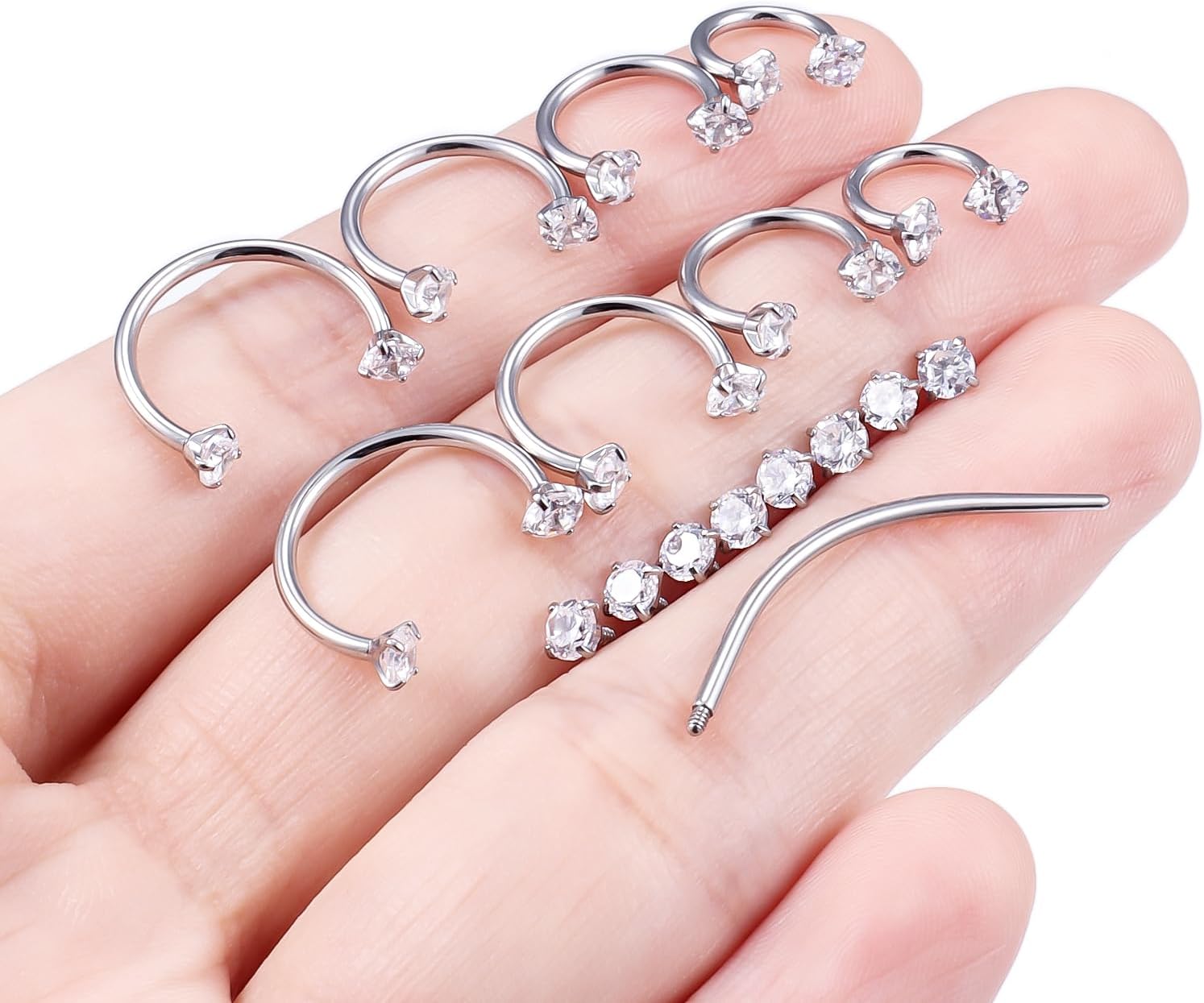 Horseshoe Nose Ring Surgical Steel Double Stud Nose Ring 16G Lip Rings Cubic Zirconia Daith Piercing Jewelry for Women Inner Diameter 6MM/8MM/10MM/12MM 8 Pieces - Image 4