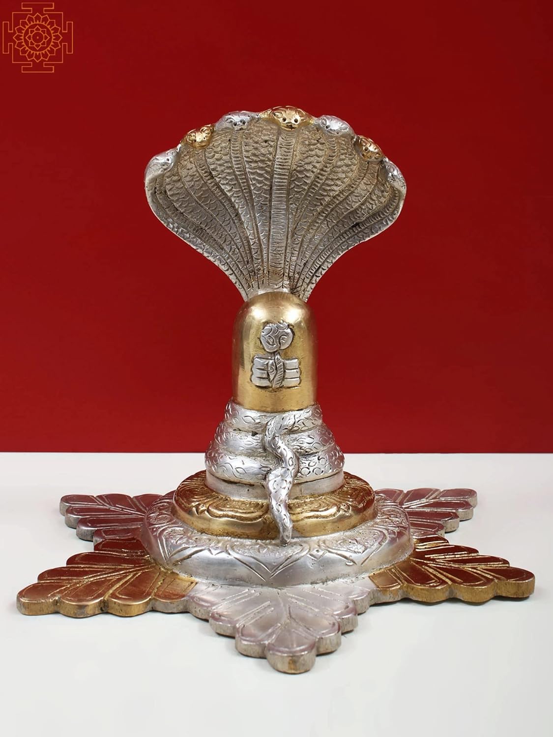 Exotic India 7" Small Shivalinga with Vasuki Naag (Snake) in Brass - Brass - Color Silver Gold