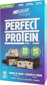 No Sugar Perfect Protein Bar - Cookies & Cream Flavor | 20g High Protein, Zero Sugar, Diabetic-Friendly, High Fiber, Keto-Friendly, Low Calorie, Nutrient Rich Healthy Snack | 14 Bars (55g)