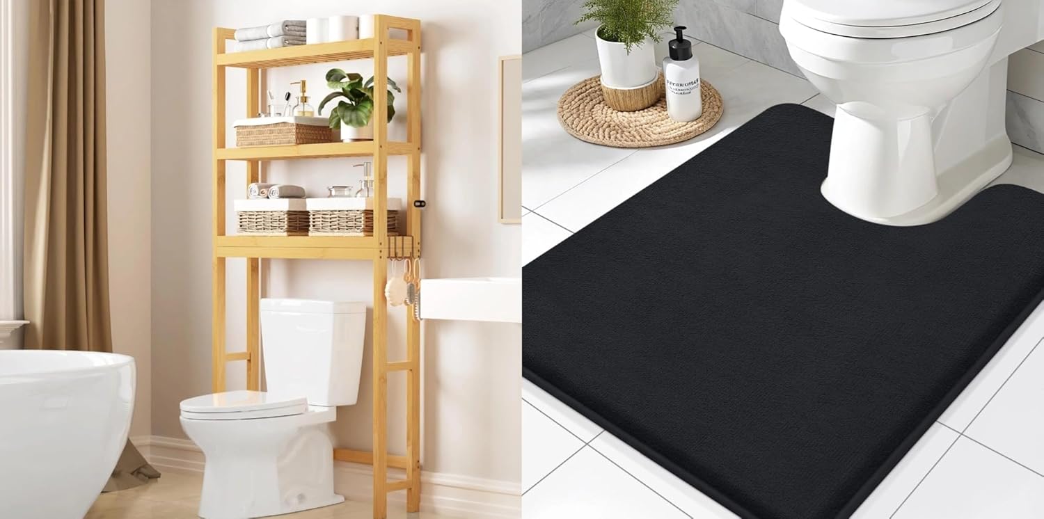 Smiry Over The Toilet Storage, Bamboo Natural 3-Tier Over Toilet Bathroom Organizer with Adjustable Shelf,Memory Foam U-Shaped Extra Soft Absorbent Bathroom Rugs 24x20,Black