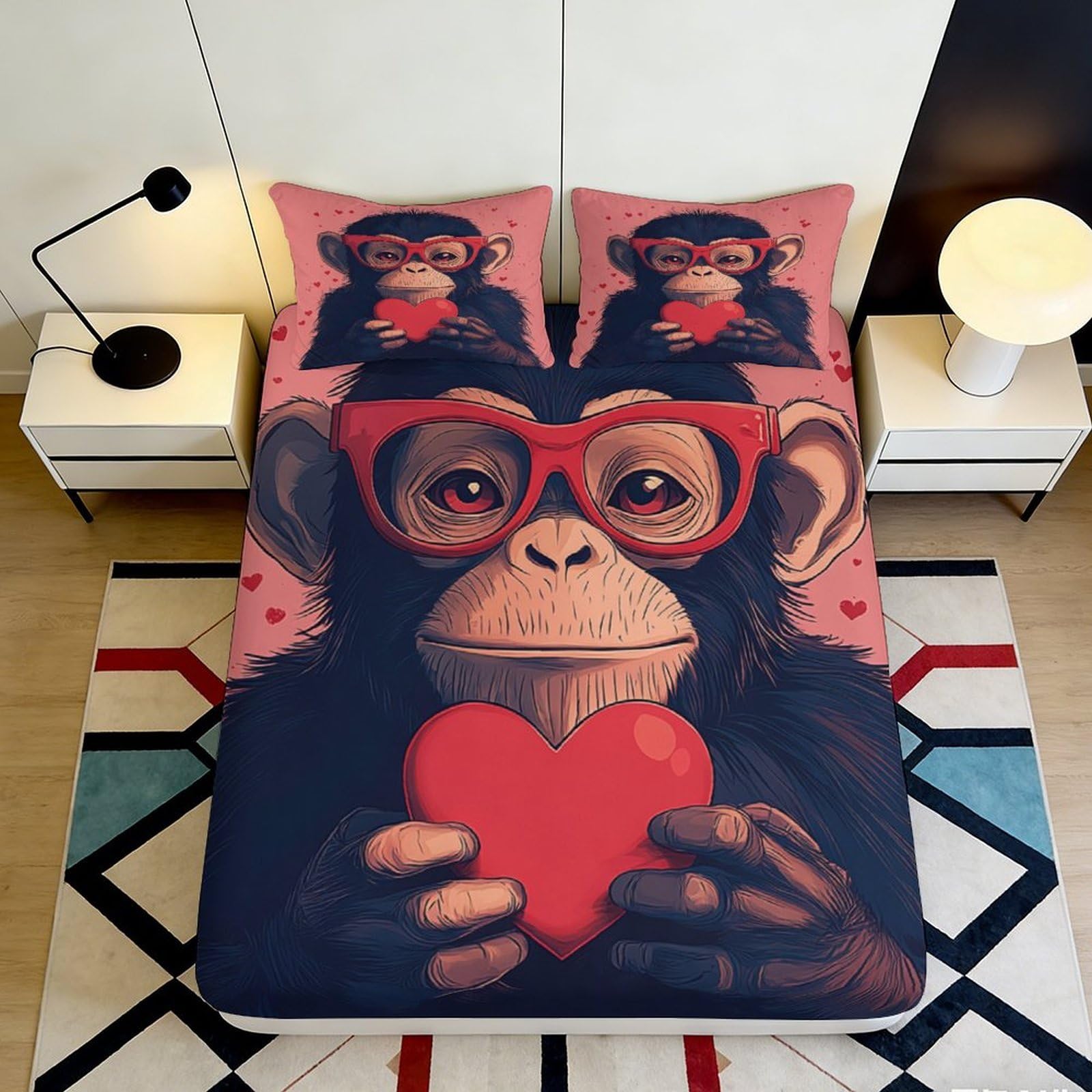 3D Printed Cartoon Monkey Fitted Sheet Microfiber Non-Slip Deep Pocket Cartoon Monkey Mattress Fitted Cover Bedroom 200x200x25cm
