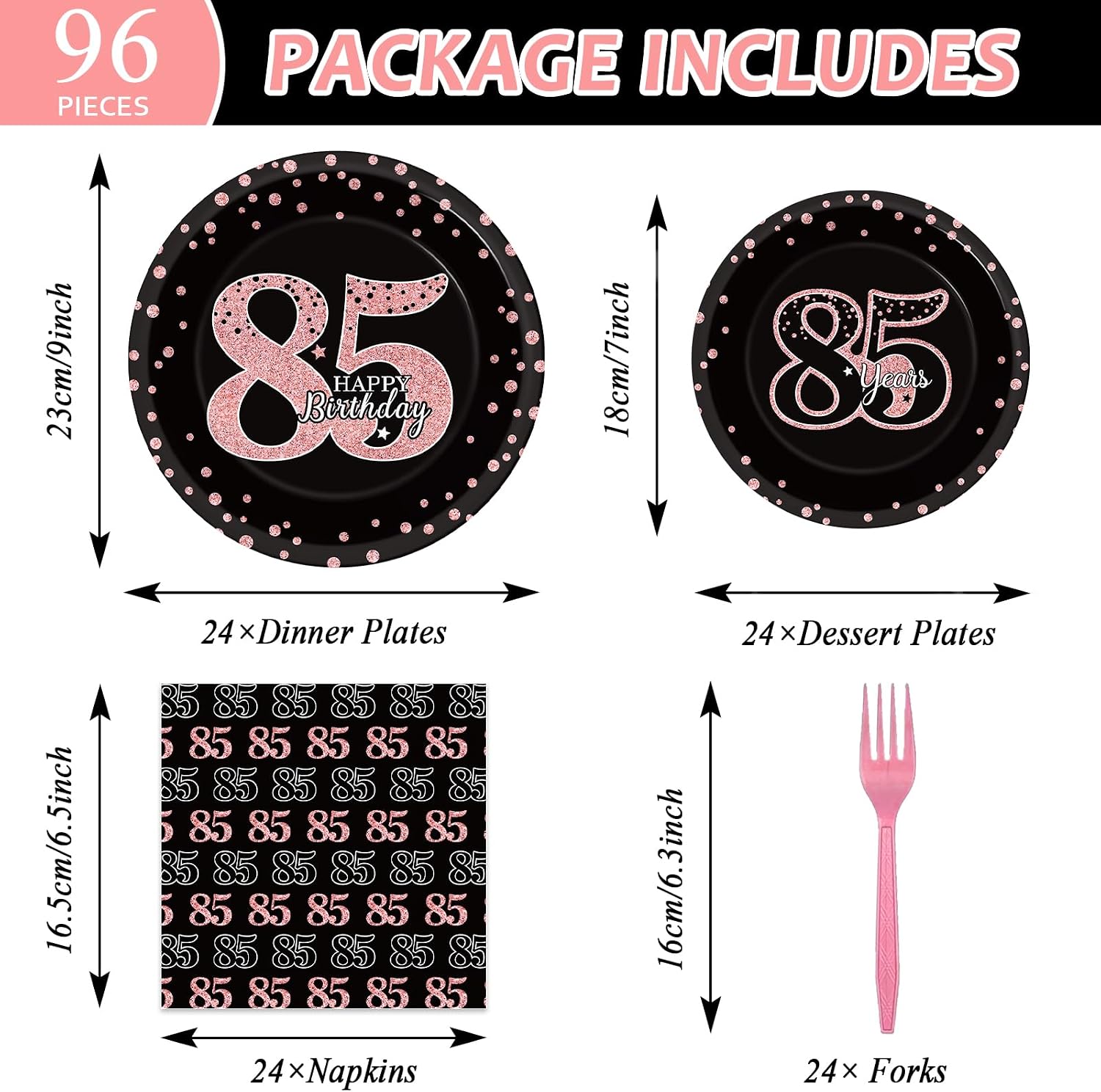 96 Pieces 85th Birthday Party Plates Rose Gold Cheers to 85 Years Theme Party Decorations for Women Paper Plates and Napkins Happy 85th Birthday Disposable Dessert Tableware Set Supplies 24 Guests