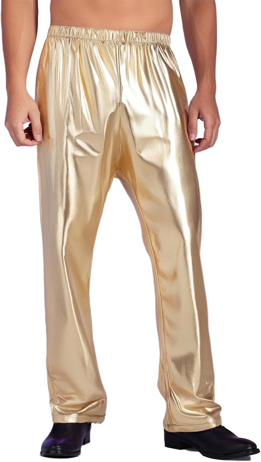 Freebily Mens Metallic Shiny Pants 70s Disco Rave Costume Holographic Party Pant Trousers