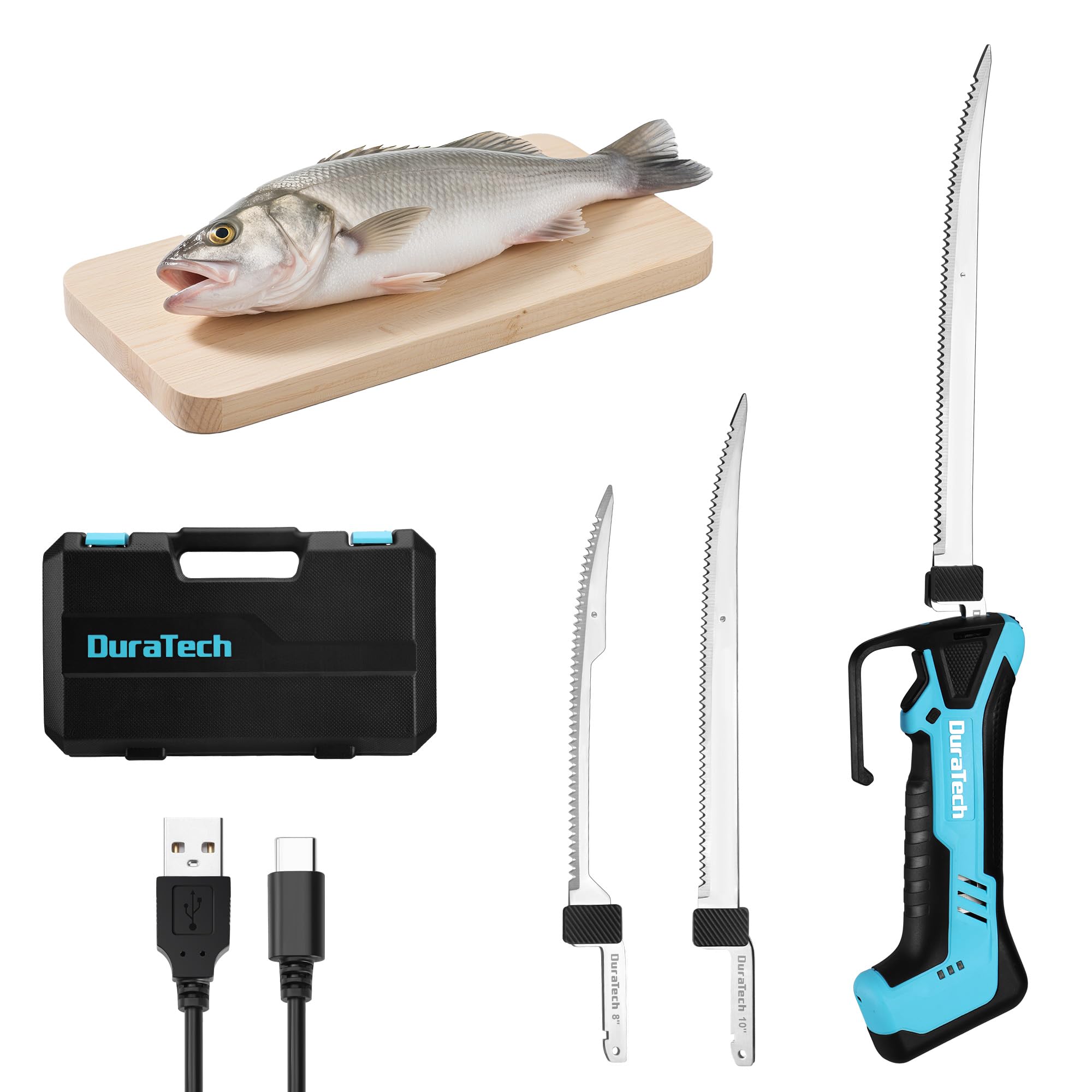 DURATECH Couteau à Filet Électrique sans Fil, Couteau à Filet de Poisson Rechargeable avec 2 Lames(20cm/25cm), Poignée Antidérapante, Verrou de Sécurité, LED, Idéal pour Cuisine, Pêche, Professionnels