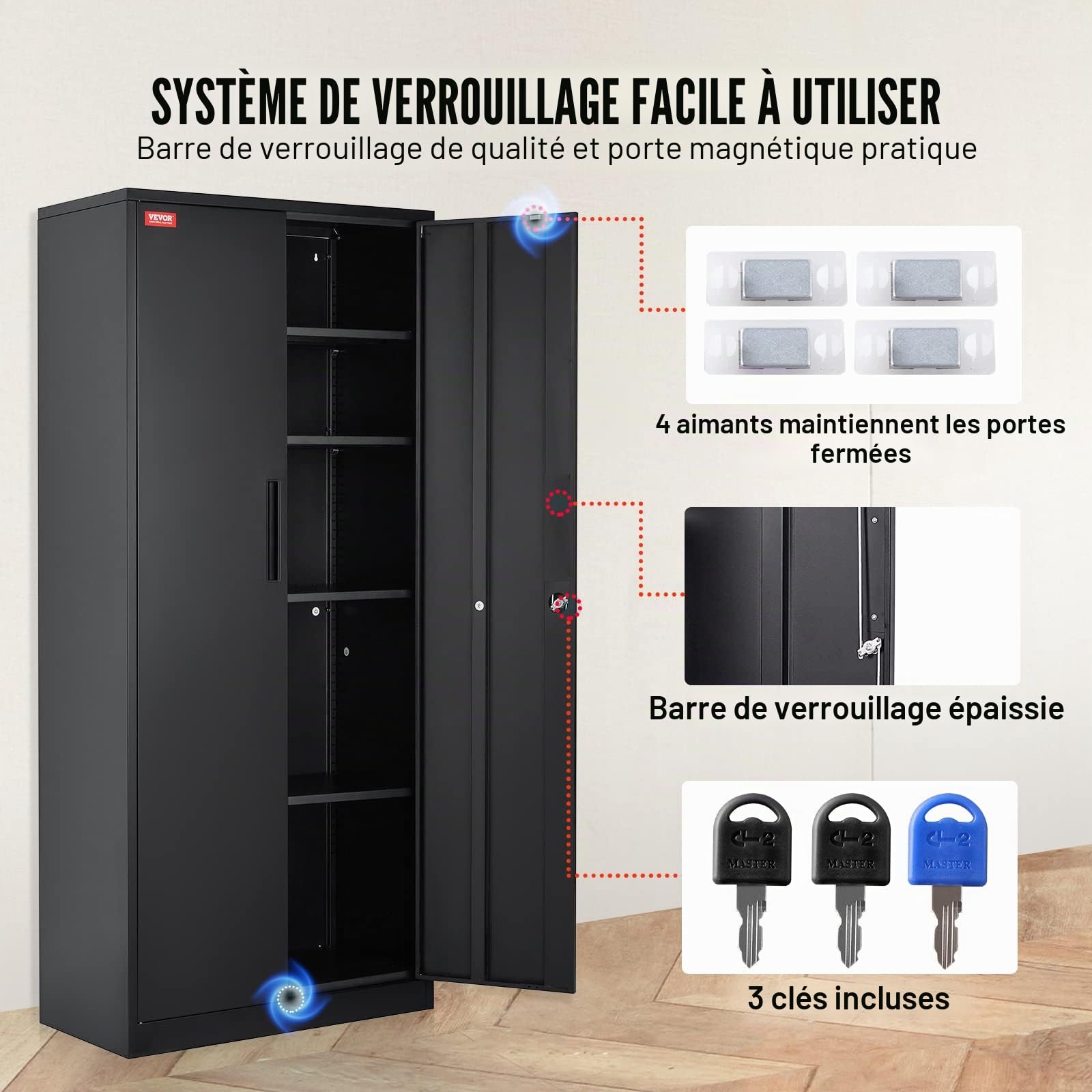 VEVOR Armoire de rangement en métal, armoire de rangement verrouillable en acier avec 2 portes magnétiques et 4 étagères réglables, armoire en métal de 180,7 cm, capacité de 90,7 kg par étagère avec 3