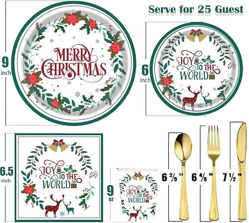 Miniatura 2 de Plato de papel de Feliz Navidad – 177 platos desechables de flores de Pascua de Navidad, platos de postre y servilletas para Navidad, suministros de