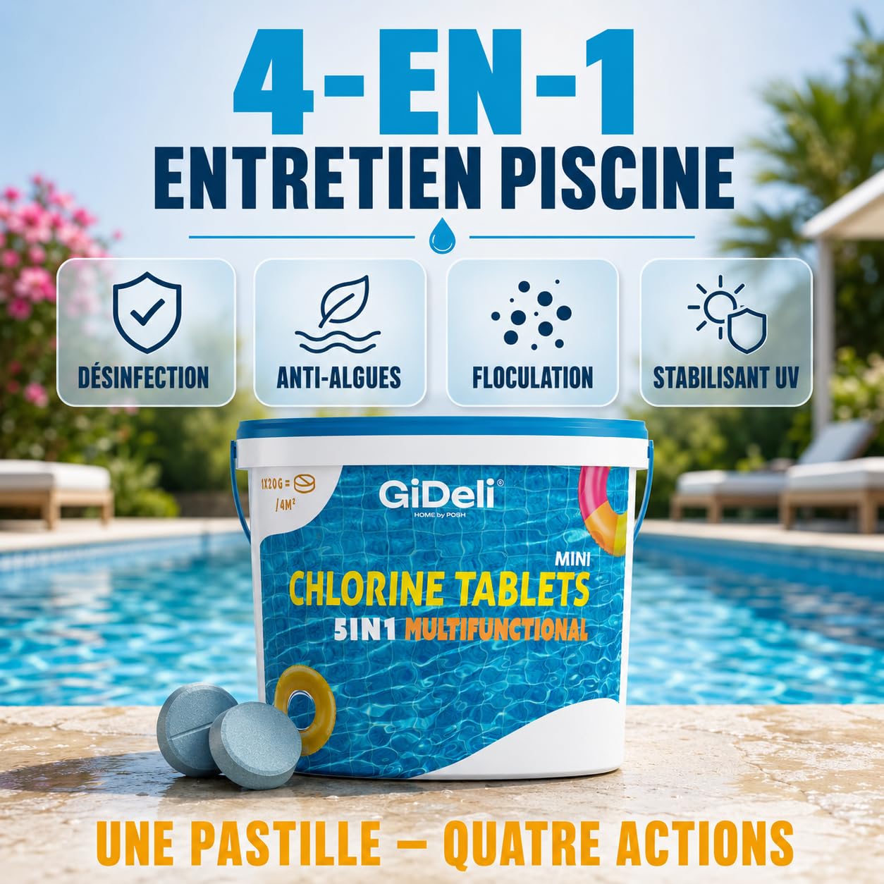 GiDeli Mini Galets de Chlore Piscine Multifonction 10kg - Tablettes Longue Durée 4-en-1 - Anti-Algues, Stabilisé UV, Floculation - Petites Piscines Hors-Sol, Tubulaires et Gonflables