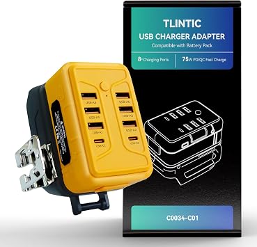 USB Charger Adapter for DEWALT Battery - 75W 8-Charging Ports, PD/QC Fast Charge for Smart Phone, Tablet, Laptop and More