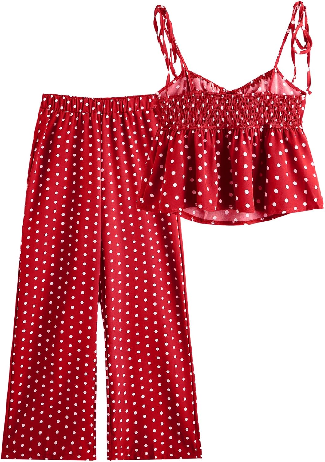 Verdusa Women's 2 Piece Outfits Polka Dots Tie Shoulder Babydoll Tops with Wide Leg Pants Summer Vacation Sets