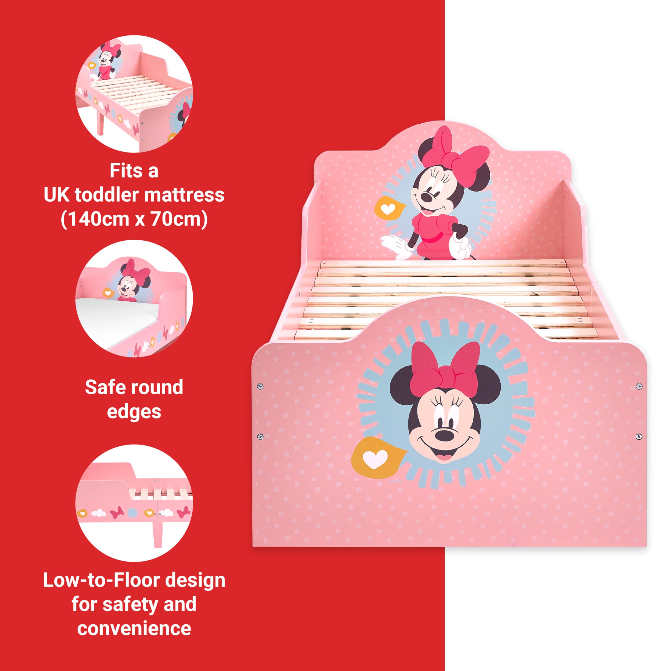 Disney Classic Minnie Maus Kleinkindbett, stabile Holzwerkstoff-Konstruktion, geschützte Seiten, Holzlatten, passend für 140 x 70 cm große Matratze (Matratze nicht im Lieferumfang enthalten)