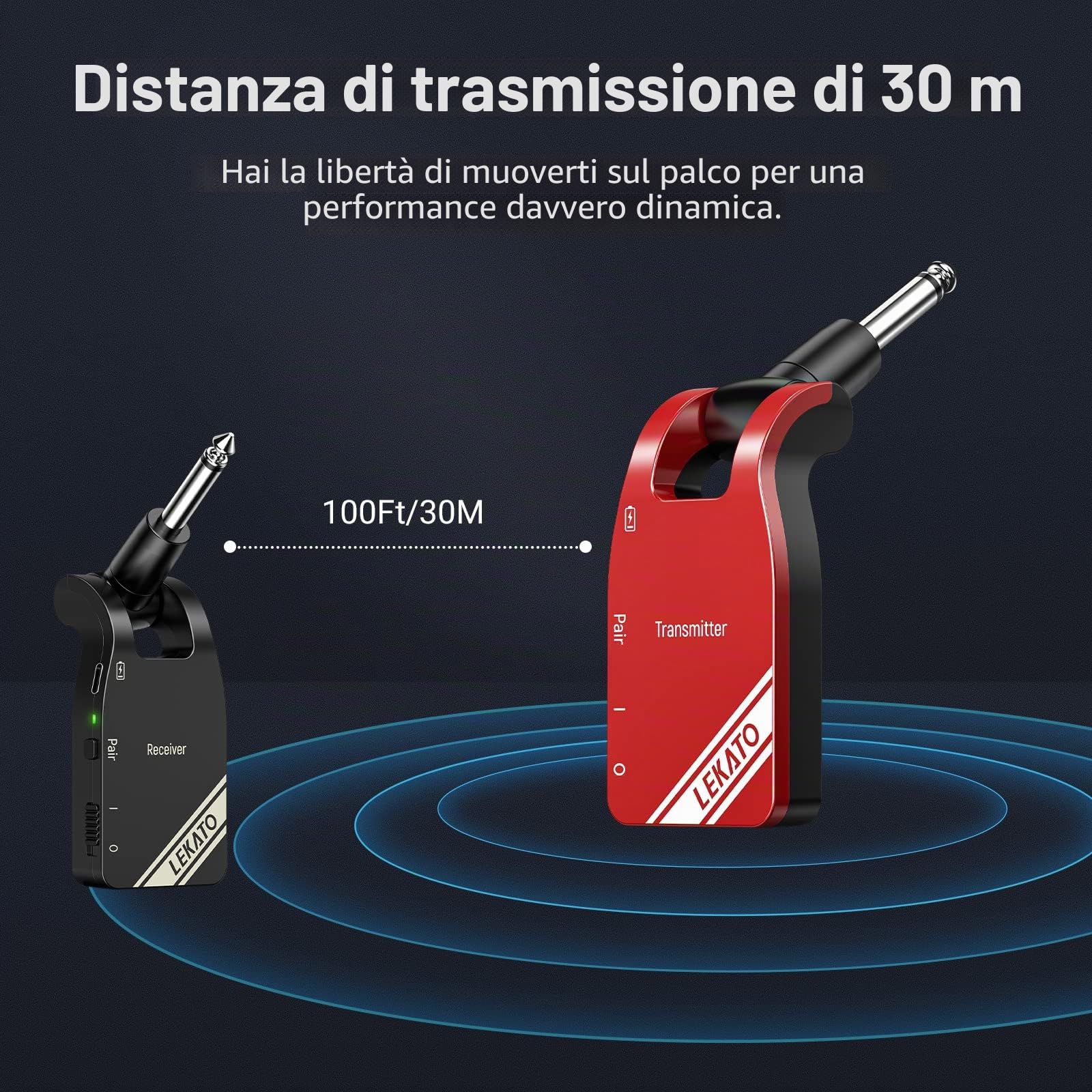 LEKATO Ssystem per chitarra wireless aggiornato 2,4 GHz Audio digitale per chitarra Trasmettitore wireless Ricevitore Batteria al litio ricaricabile incorporata Cavo wireless