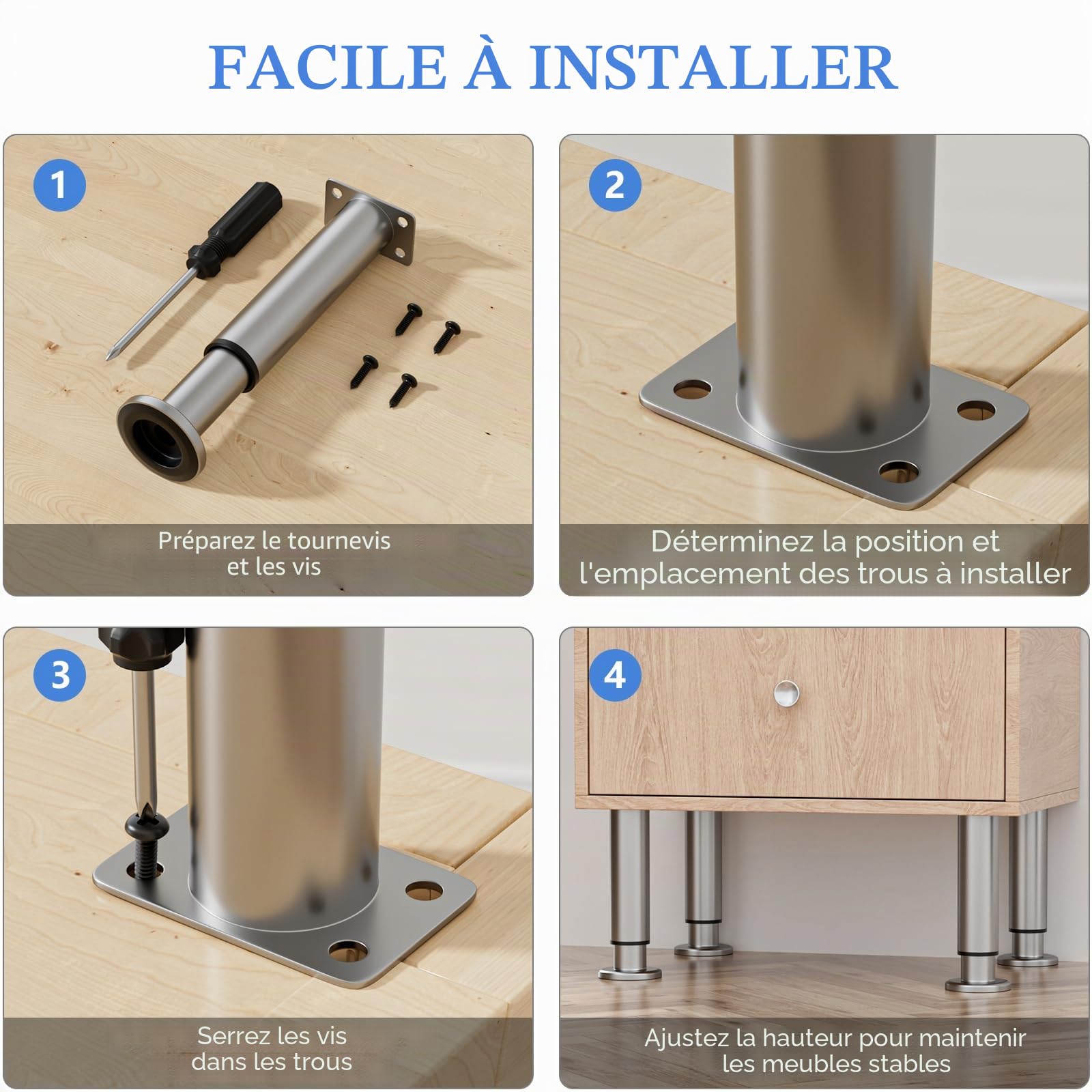 VETIN Lot de 4 pieds de meubles réglables, pieds de meubles réglables en hauteur de 20-37cm, pieds de meubles en métal inoxydable, pieds de meubles pour armoire, meuble TV, lit, canapé, table de nuit