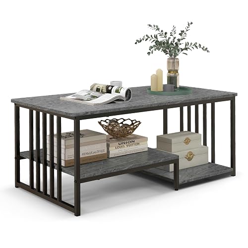 LIFEZEAL Couchtisch Marmor, Wohnzimmertisch mit 2 offenen Ablagen, Sofatisch mit Metallrahmen, rechteckiger Kaffeetisch für Wohnzimmer, Büro, 110x60x45cm, Max. 90kg, Grau | Wohnzimmertisch aus Holz und Metall, 110 x 60 x 45 cm, maximale Belastung 90 kg, Grau