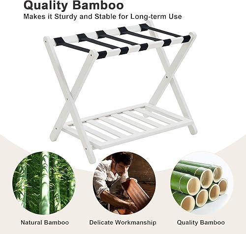 Miniatura 4 de Bastidores de equipaje totalmente montados, paquete de 2, soporte plegable de bambú mejorado para maleta con 5 correas de nailon, soporte de