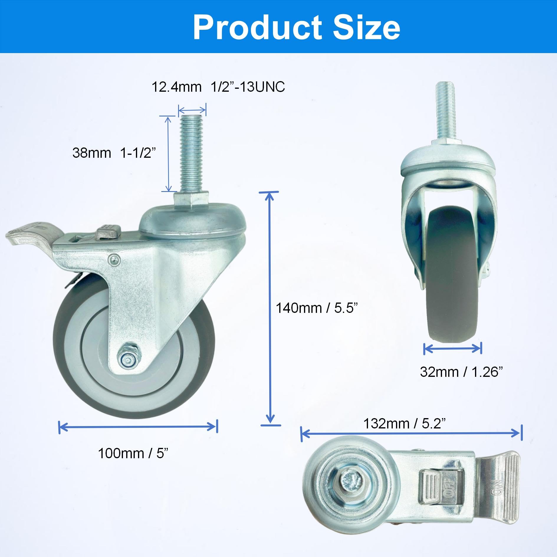 4-calowe kółka obrotowe o dużej wytrzymałości, 1/2" x 13-1-1/2, zestaw 4 kółek z trzpieniem gwintowanym, koła gumowe TPR do szpitali, laboratoriów, mebli i restauracji