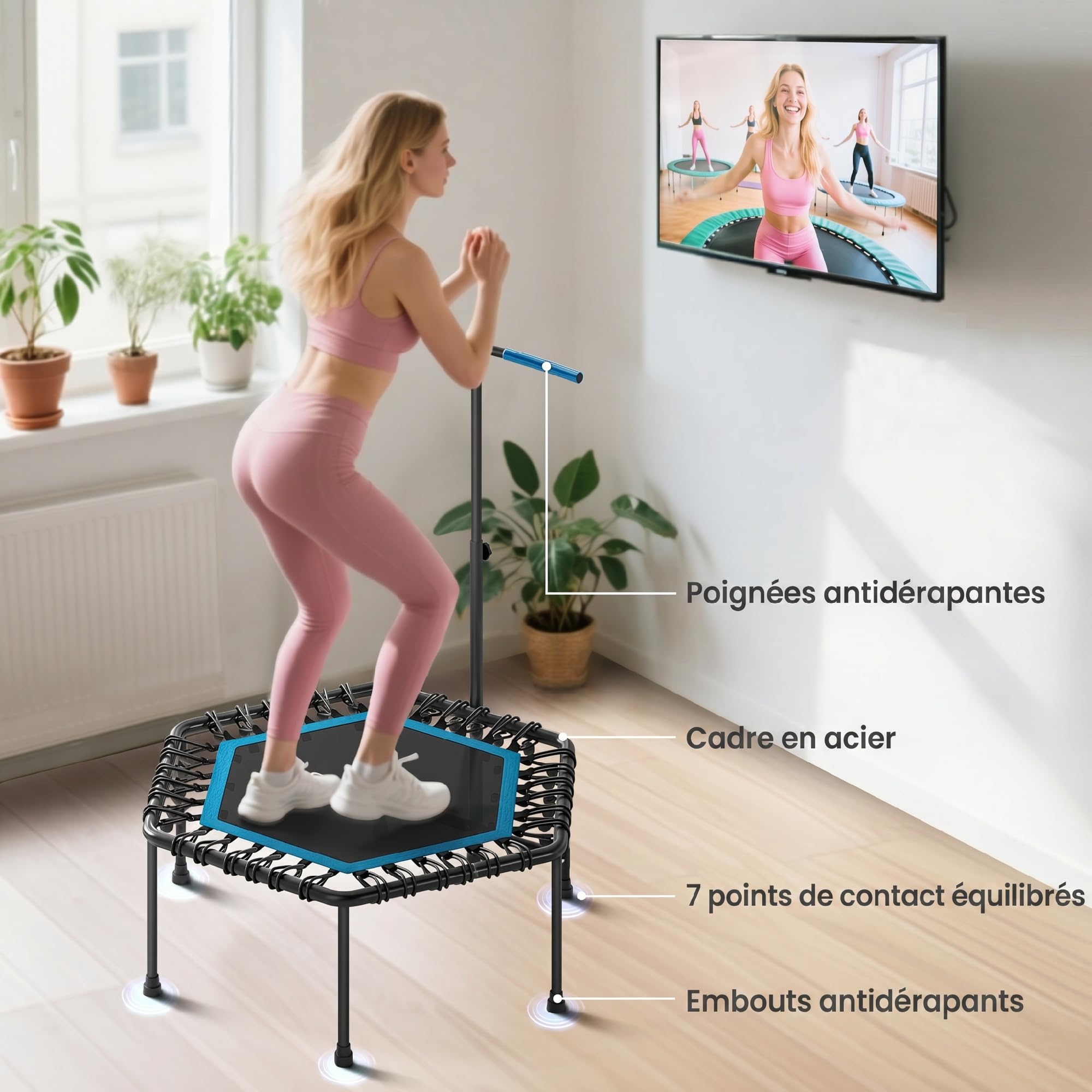 SPORTNOW Trampoline de Fitness 114 cm avec Cordes élastiques, poignée réglable sur 3 Positions, Trampoline Adulte Charge 100 kg Stable et Silencieux pour entraînement intérieur