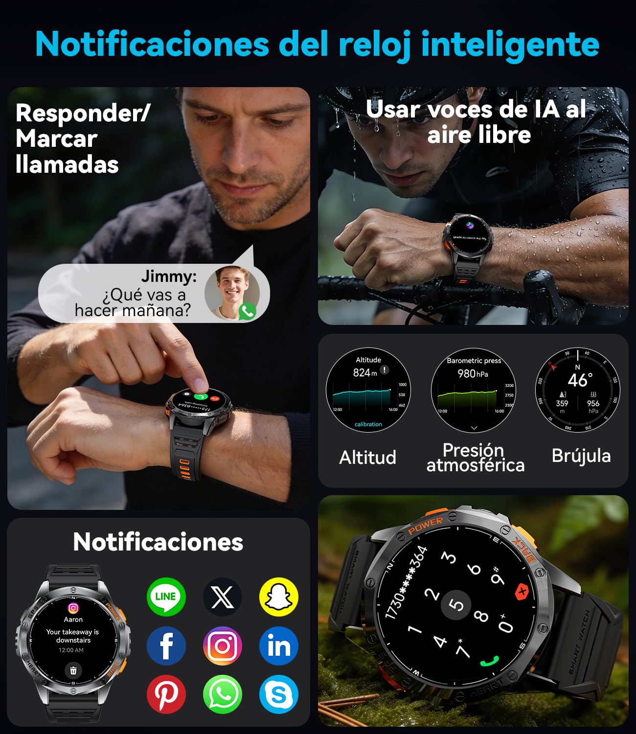 LIGE Reloj Inteligente Hombre con GPS, Brújula/Altitud/Barómetro, Linterna, Pantalla AMOLED 1,43", Batería de 20 Días, 5ATM, Llamadas Bluetooth y Monitor de Salud para Android e iOS,DM1-H