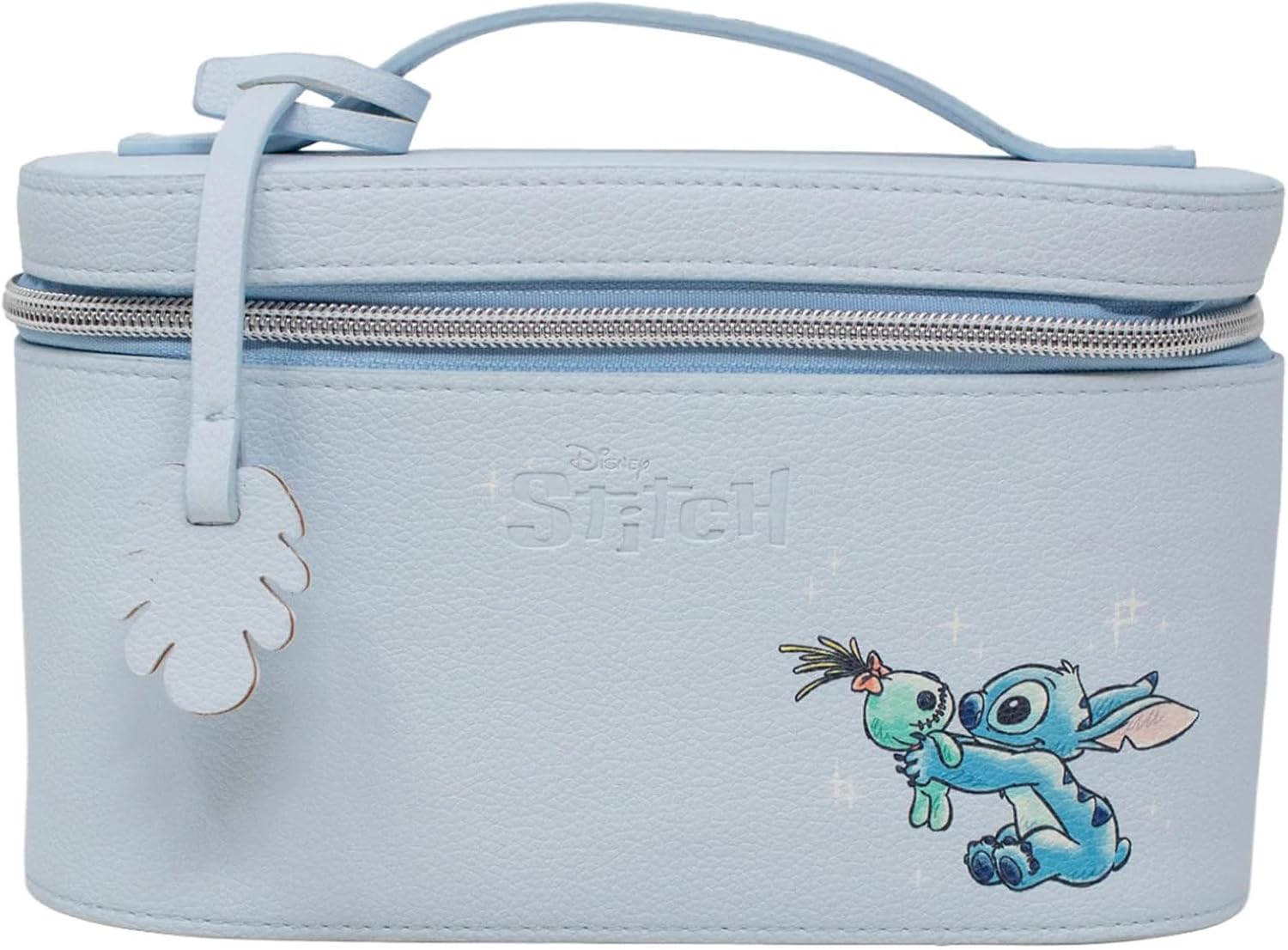 Impressions Vanity Stitch and Scrump Makeup Train Case with Stitch Printed Artwork, Features Brush Pocket, Faux Leather Lined Interior Makeup Bag with Top Handle, and Monstera Leaf Detachable Tag