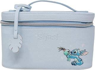 Impressions Vanity Stitch and Scrump Makeup Train Case with Stitch Printed Artwork, Features Brush Pocket, Faux Leather Lined Interior Makeup Bag with Top Handle, and Monstera Leaf Detachable Tag