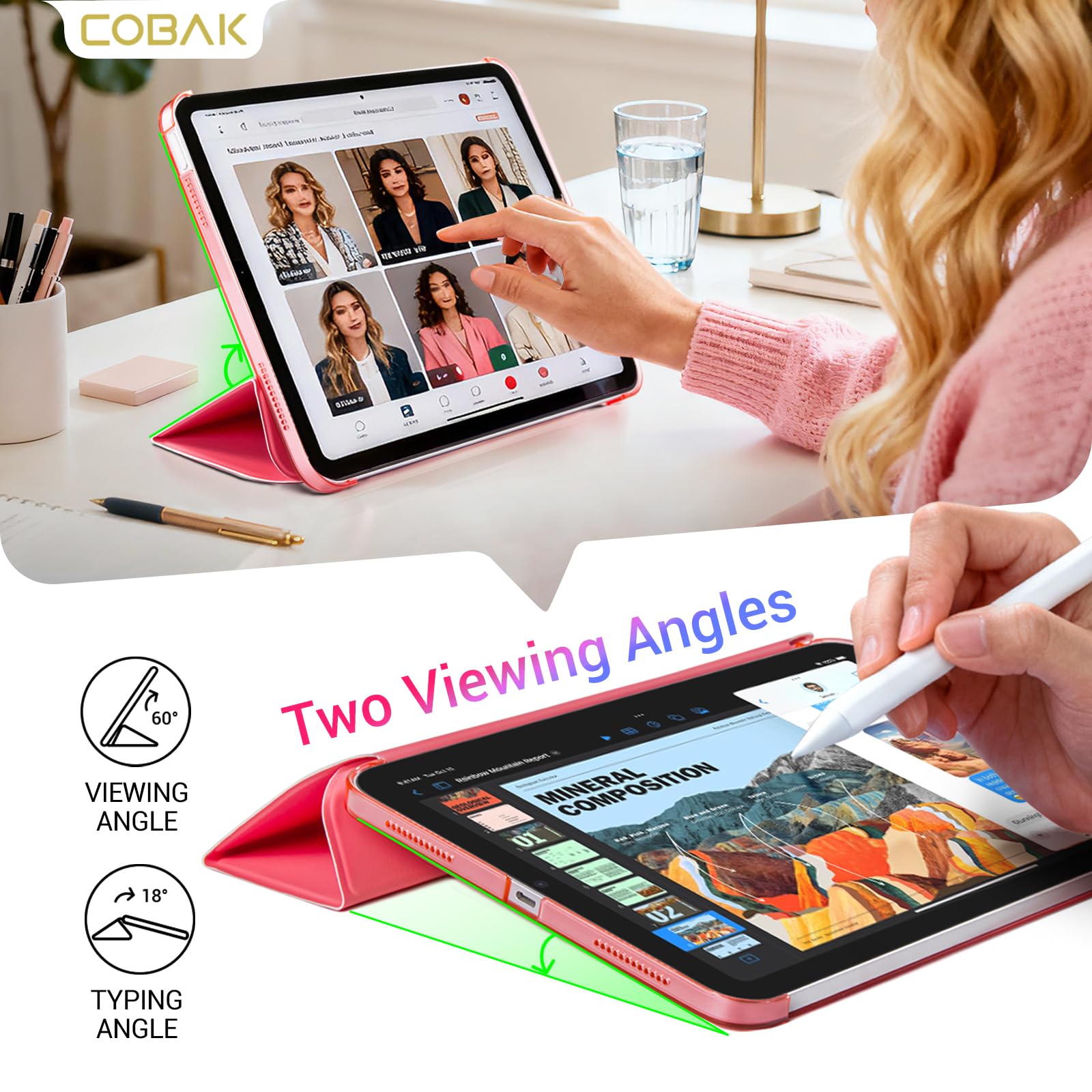 CoBak Funda para iPad A16 11.ª Gen 11" 2025 & iPad 10.ª Gen 10,9" 2022: Funda Fina con Parte Trasera rígida Transparente, Compatible con Touch ID, Fucsia — view 3