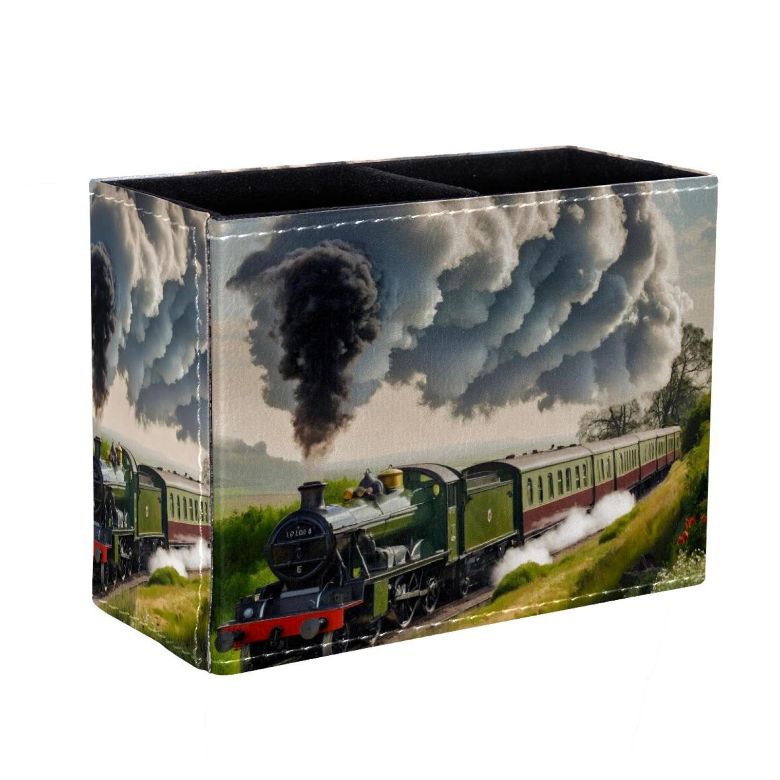 Eslifey Pen Holder Square Pencil Holder for Desk, Steam Train Railway Pen Pot Pen Cup Makeup Brushes Holder Stand Display Desk Stationery Organiser for Home Office School