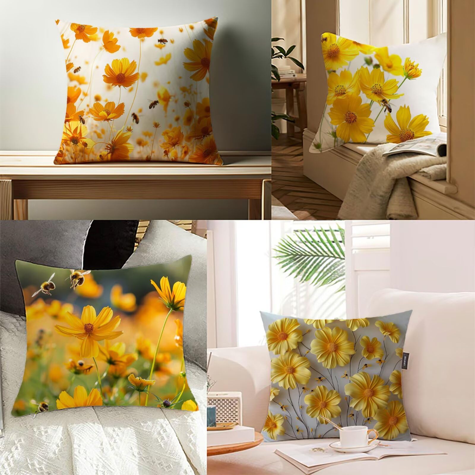 Flor Fundas de Cojines 65x65cm Juego de 4, Amarillo Funda Cojines Cama Decorativos para Sofa Exterior Impermeable Lino Almohada Decorativa , Silla Cama Sala de Estar Hogar Jardín Juego Dormitorio 91-S