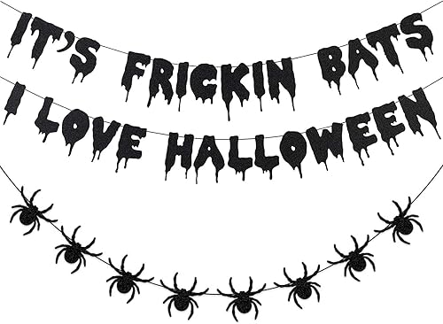 2 piezas de pancarta negra con diseño de murciélagos con texto en inglés "I Love con texto en inglés "It's Frickin Bats I Love" y pancarta de araña
