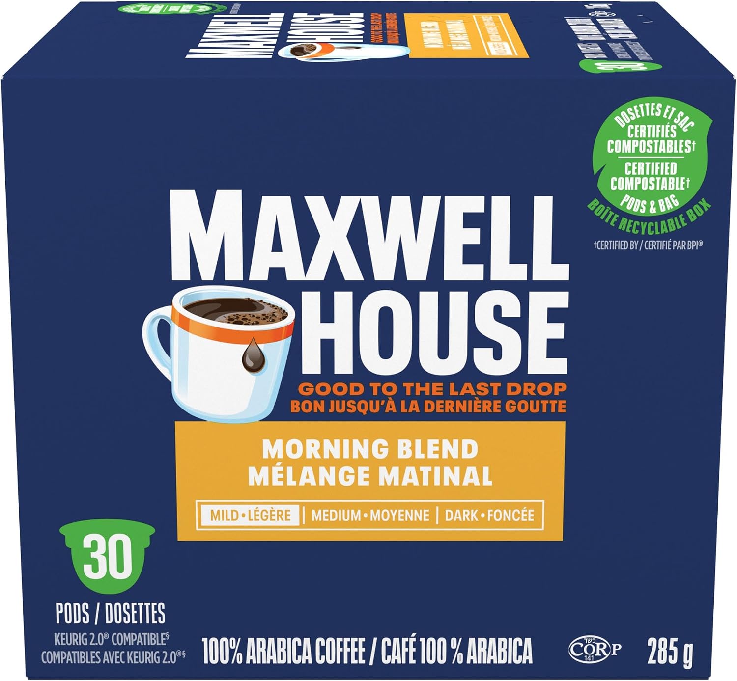 Maxwell House Morning Blend Coffee Certified Compostable K-Cup Coffee Pods, 30 Pods