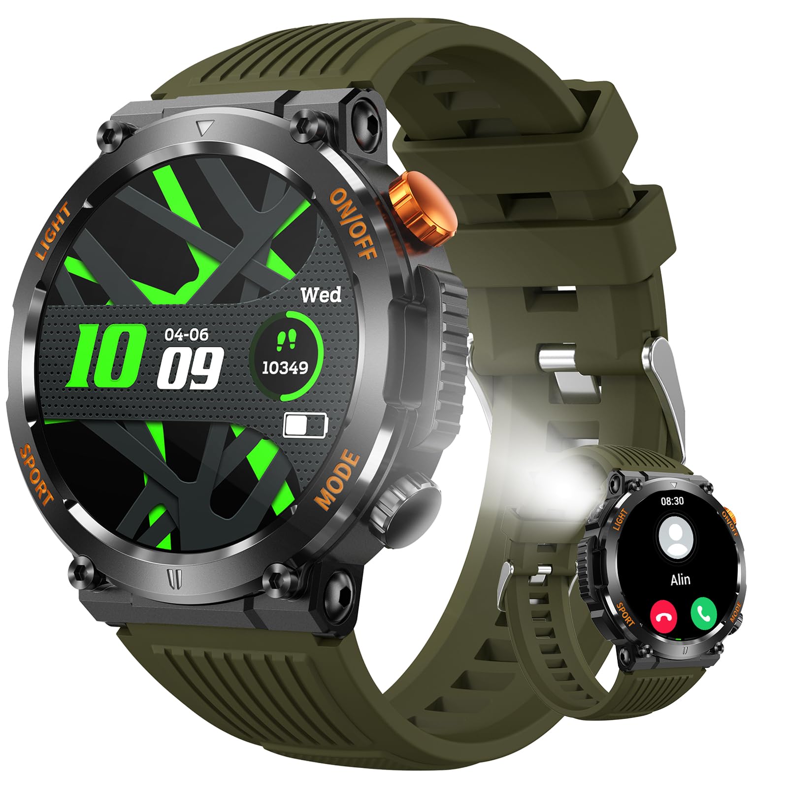 CyberDyer Military Smart watch for Men With Flashlight (Answer/Call), 450mAh Outdoor Rugged Tactical Sports Watch with Heart Rate/SpO2/Sleep Monitoring for Android iOS, 1.46" Fitness Tracker Watches